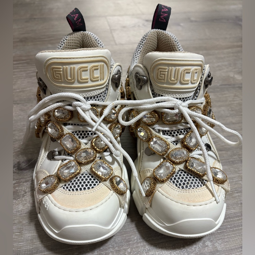 Gucci  Cream and Gold Embellished Sneakers